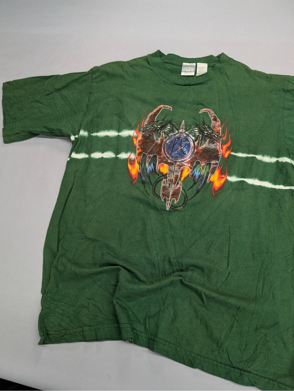Dragon Flame Graphic T-Shirt Utility Vintage Green Size M